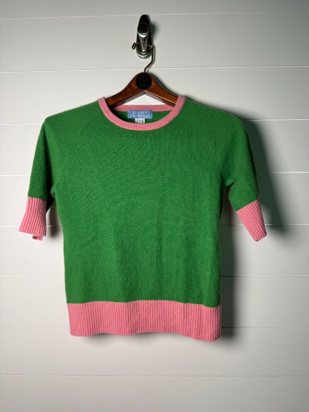 U-Knit Pure Cashmere Short Sleeve Crew Neck Color Block Sweater Pink/Green Sz M